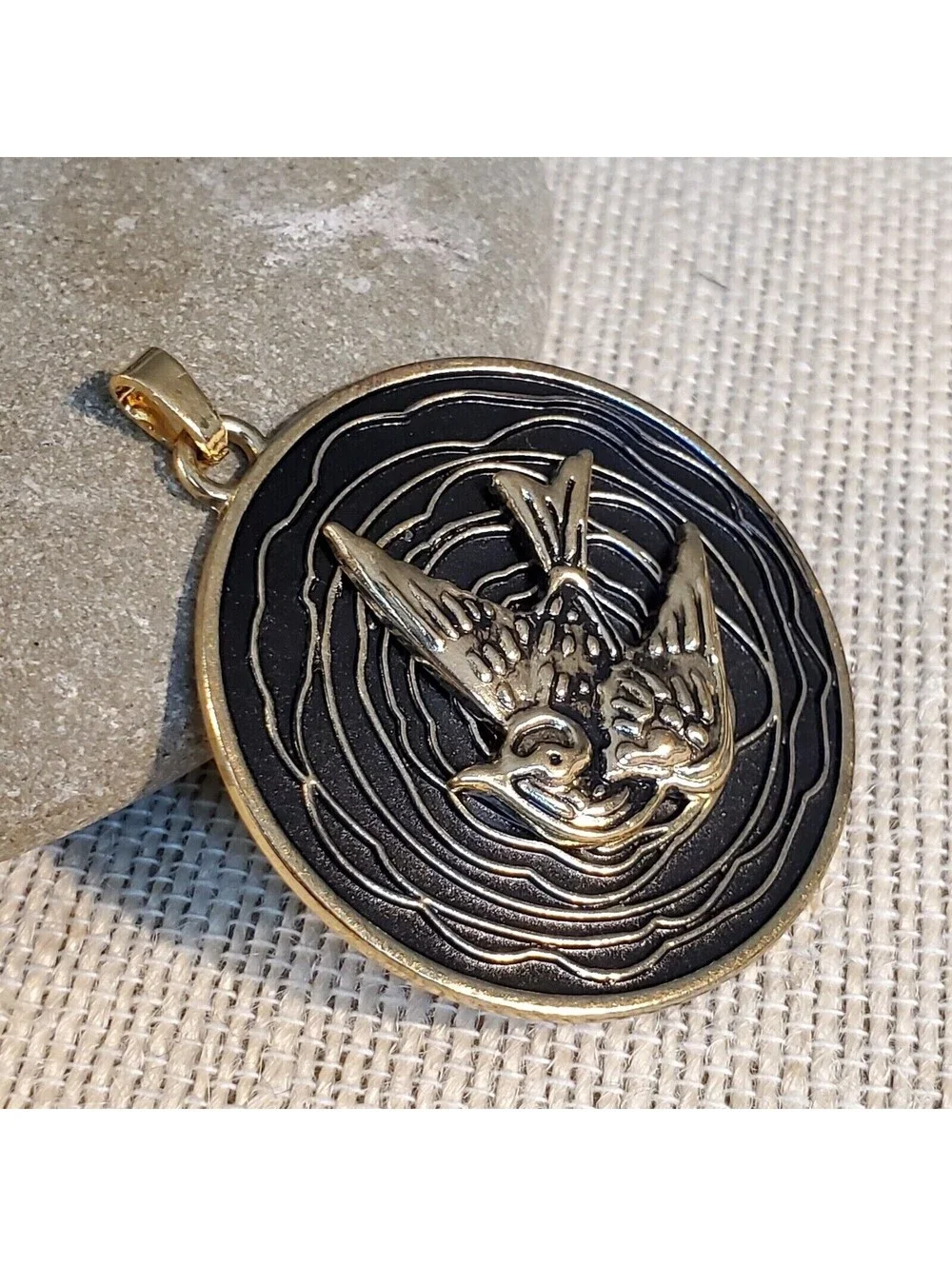 New Vintage 90s Peace Dove Antique Gold Black Alloy Metal Dimensional Pendant